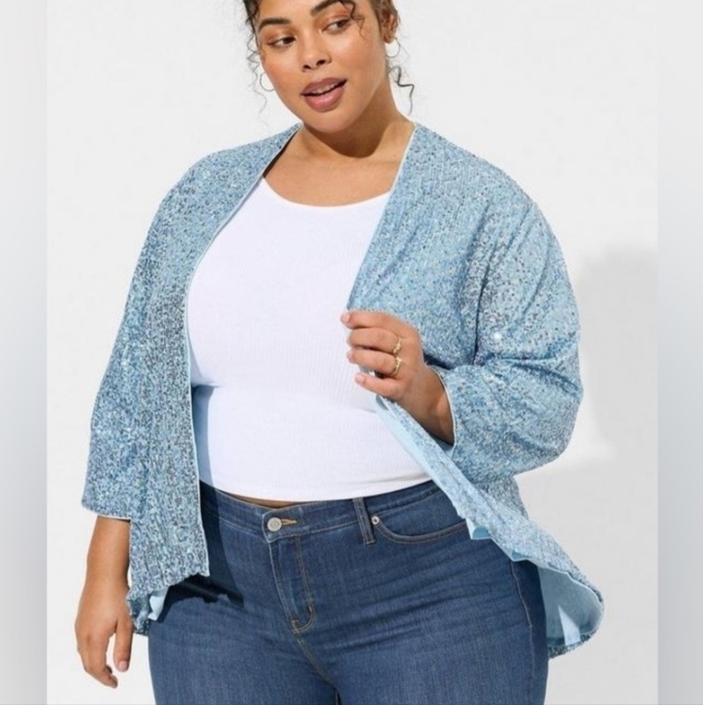 NWT Torrid Light Blue Sequin Open Front Blazer size 00 M/L (10)